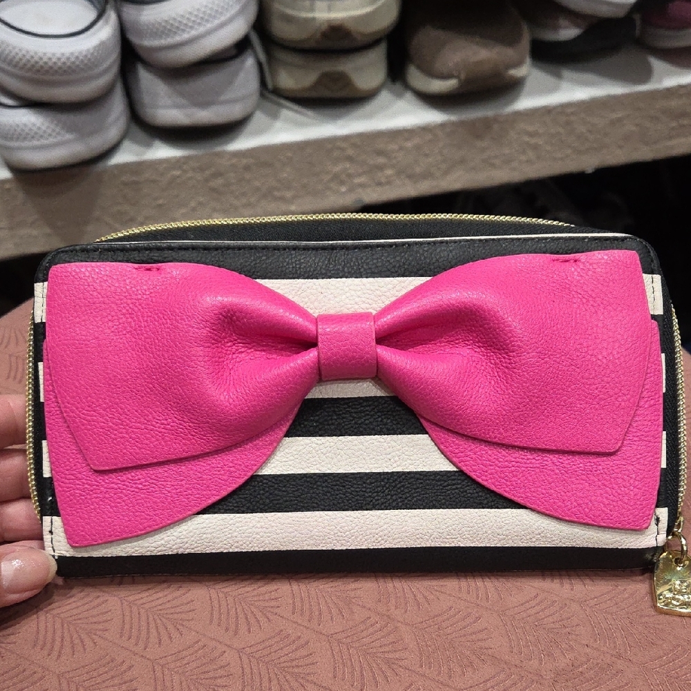 Betsey Johnson Pink and Black Striped Wallet